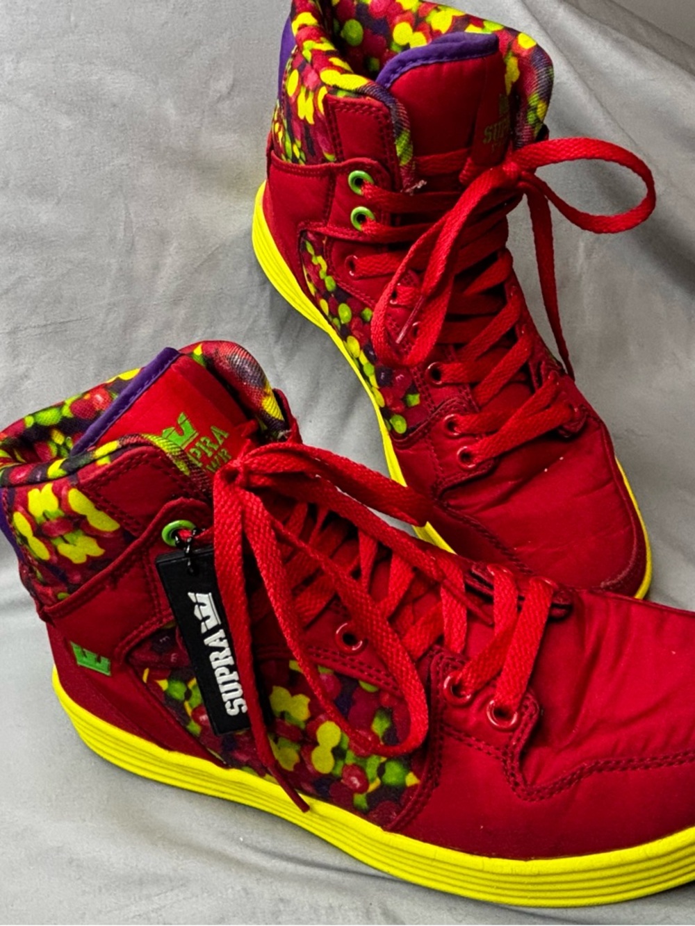 Supra Red High-Top Sneakers with Yellow Soles and Multicolor Collar